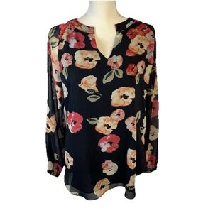 Cabi Blouse Women's Sz S Poppy workwear Poppies Navy Blue Pink Lined